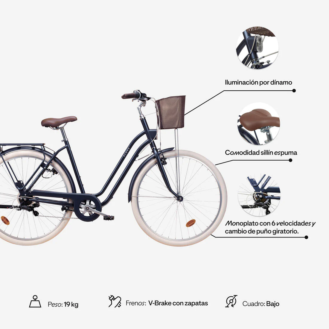Bicicleta urbana clásica cuadro bajo 28 pulgadas 6 V Elops 520 - Image 3