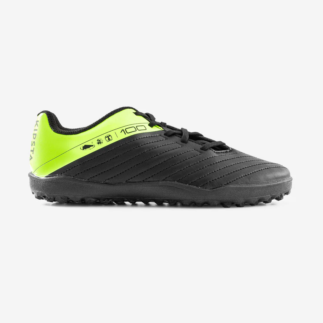 BOTAS DE FÚTBOL NIÑO CON CORDONES 100 TURF TF NEGRO Y AMARILLO
