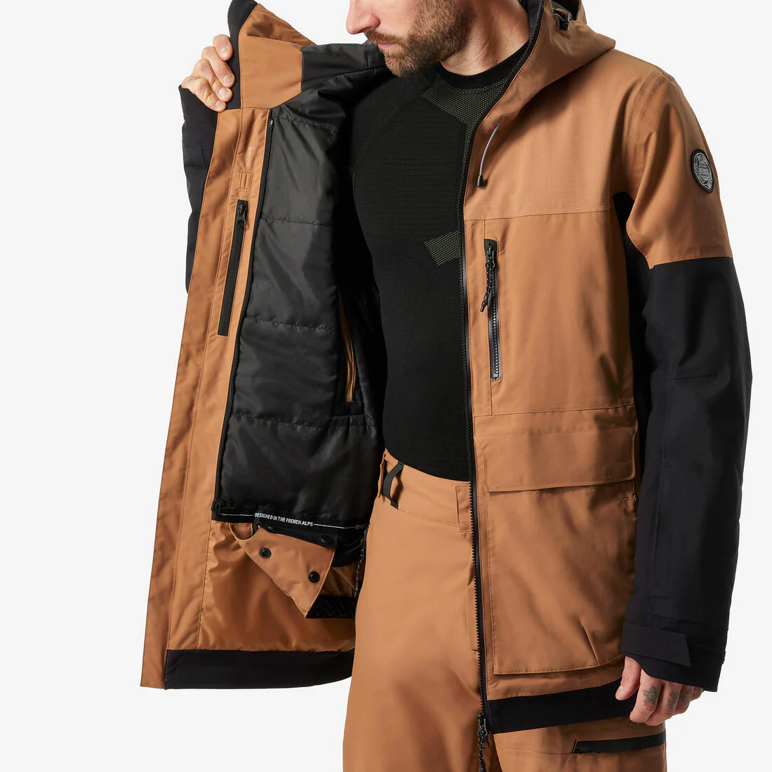 Chaqueta snowboard cálida y resistente hombre, SNB 500 ziprotect camel y negro - Image 7
