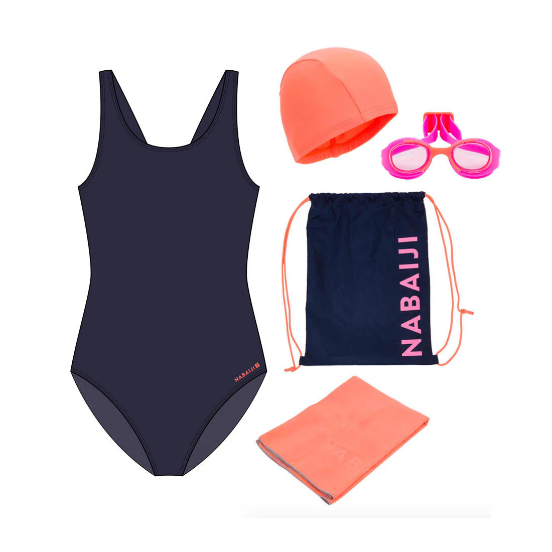 Kit natación Niña Iniciación: bañador, gafas, gorro, toalla, bolsa